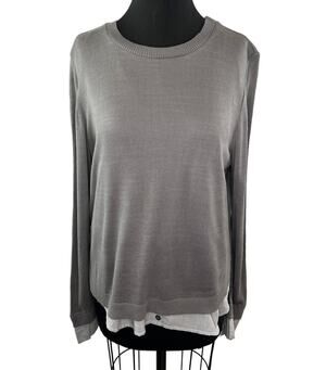 Chan Luu Gray White Striped Long Sleeve Crew Neckline Pullover Button Knit Top L